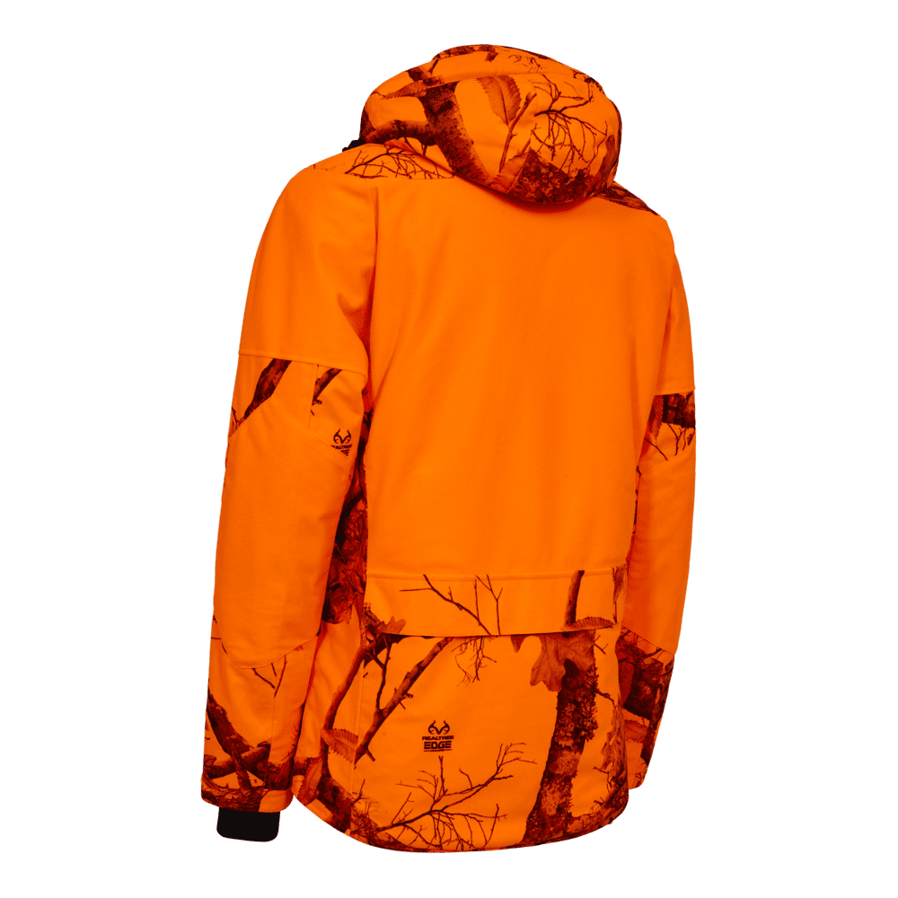 Rückansicht der Deerhunter Heat Game Jagdjacke in orangefarbenem Tarnmuster mit Kapuze und verlängertem Rücken, gut sichtbare beheizbare Jagdbekleidung für Treibjagd und Outdoor