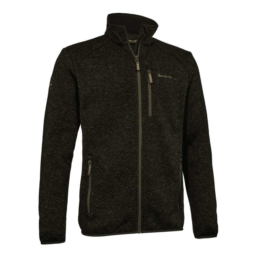 Deerhunter Moor gestrickte Jacke in Olivgrün Frontansicht – warme Strick-Fleecejacke mit Reißverschluss und Brusttasche für Jagd und Revier in Deutschland