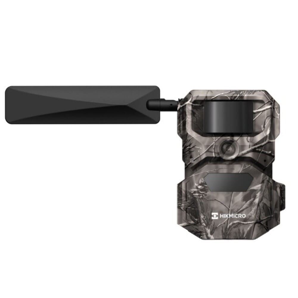 HIKMICRO T16 Wildkamera mit ausklappbarer 4G-Antenne und Tarngehäuse in Frontansicht für digitale Revierüberwachung, Wildbeobachtung und Jagd