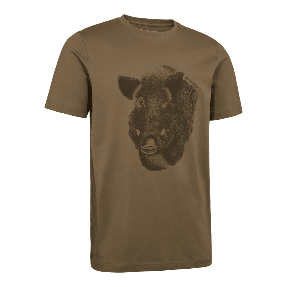 Deerhunter Jaxon Jagd T-Shirt in Braun mit detailreichem Wildschwein-Print auf der Vorderseite, bequemes Herren Jagdoberteil für Outdoor, Pirsch und Freizeit