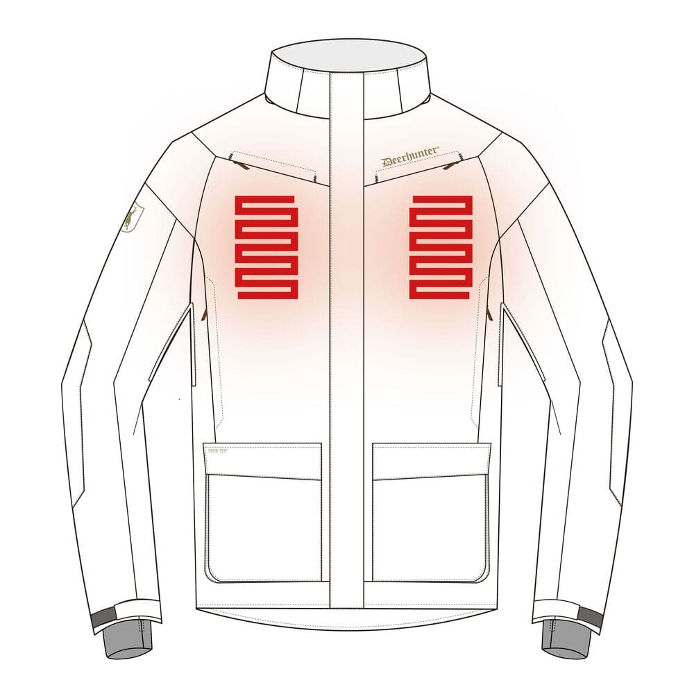 Schemazeichnung der Deerhunter Heat Game Jagdjacke mit integrierten Heizzonen im Brustbereich, innovative beheizbare Jagdbekleidung für optimale Wärmeverteilung bei Outdoor-Einsätzen