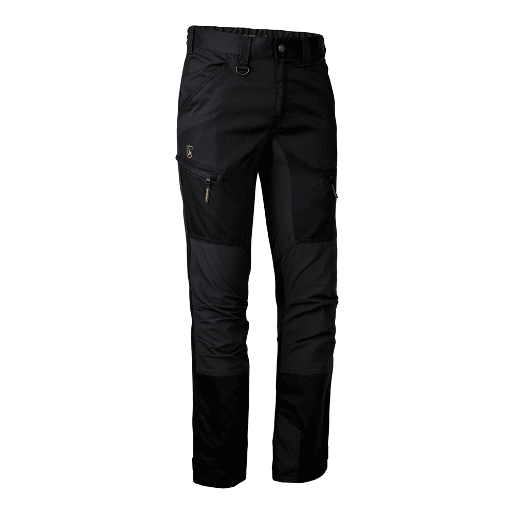 Herren Jagdhose schwarz Deerhunter Rogaland Stretch Frontansicht mit Kontrasteinsätzen und Reißverschlusstaschen funktionale Outdoor Hose für Jagd und Freizeit