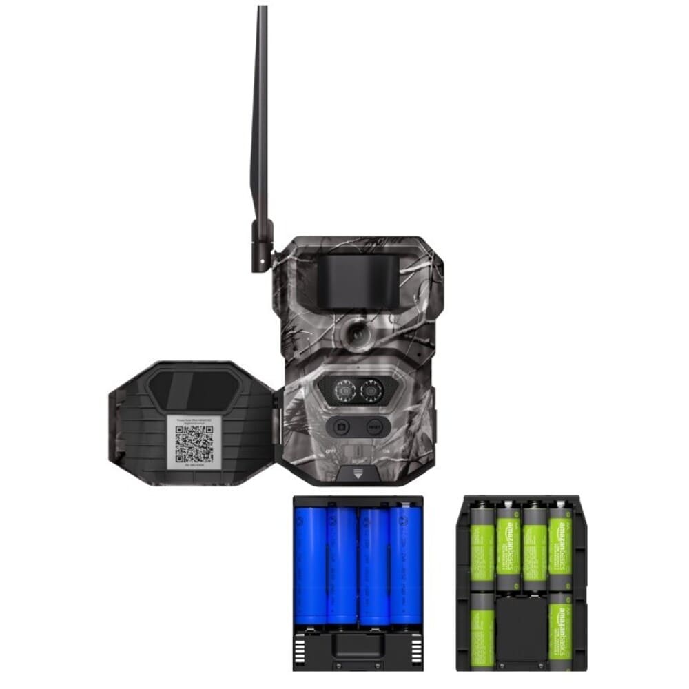 HIKMICRO T16 Wildkamera mit geöffnetem Batteriefach, 18650-Akkus und AA-Batteriemagazin für flexible Stromversorgung bei der Jagd und Revierüberwachung