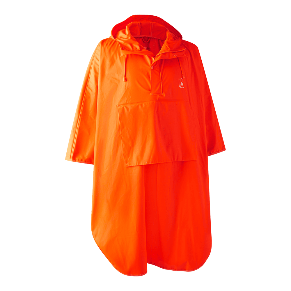 Frontansicht des Deerhunter Hurricane Regenponchos in Signalorange mit Kapuze, großer Fronttasche und wasserdichtem Material für maximale Sichtbarkeit bei der Jagd