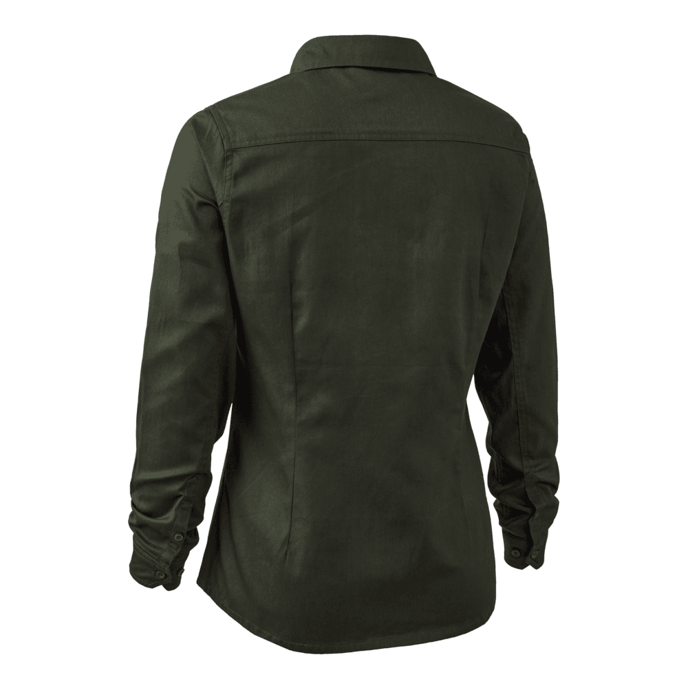 Rückansicht der Deerhunter Lady Atlas Bluse mit femininer Passform und Rückenfalten, komfortable Damen Jagdbluse für Outdoor und Freizeit