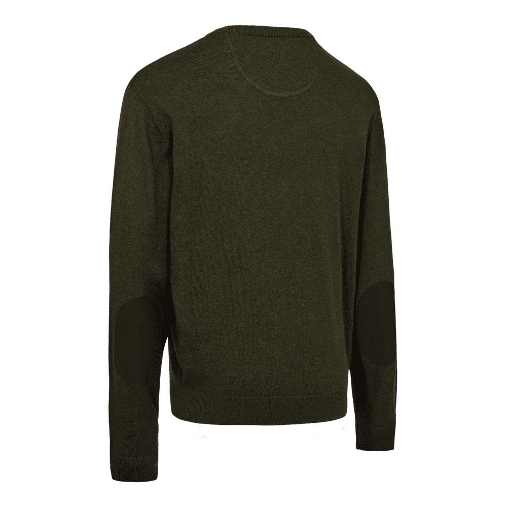 Rückansicht des Deerhunter Harrington Strickpullovers mit Rundhalsausschnitt, Merinowoll-Mix und verstärkten Ellbogenpatches für Jagd und Outdoor