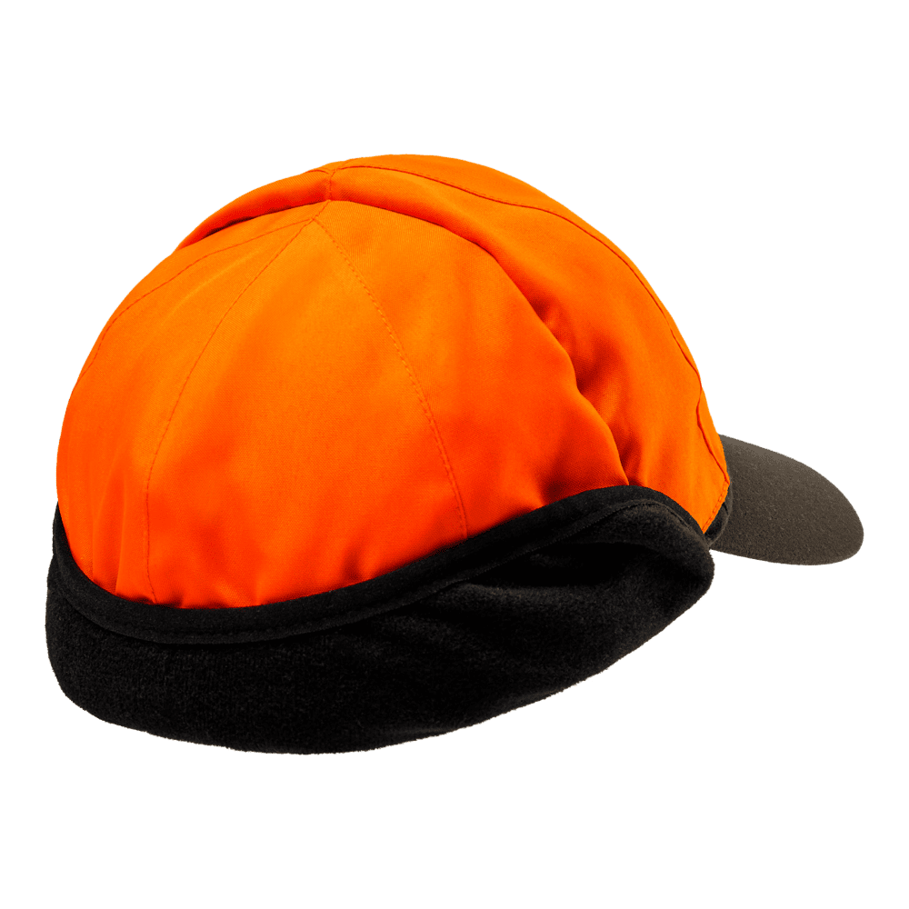 Alt-Text: Rückansicht der Deerhunter Game Cap mit Warnschutzüberzug in Orange sowie Ohren- und Nackenschutz für sichere Jagdeinsätze