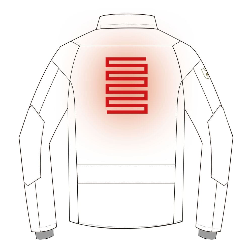 Rückseitige Schemazeichnung der Deerhunter Heat Game Jagdjacke mit zentraler Heizzone im Rückenbereich, moderne beheizbare Jagdbekleidung für kalte Reviere und Outdoor-Aktivitäten