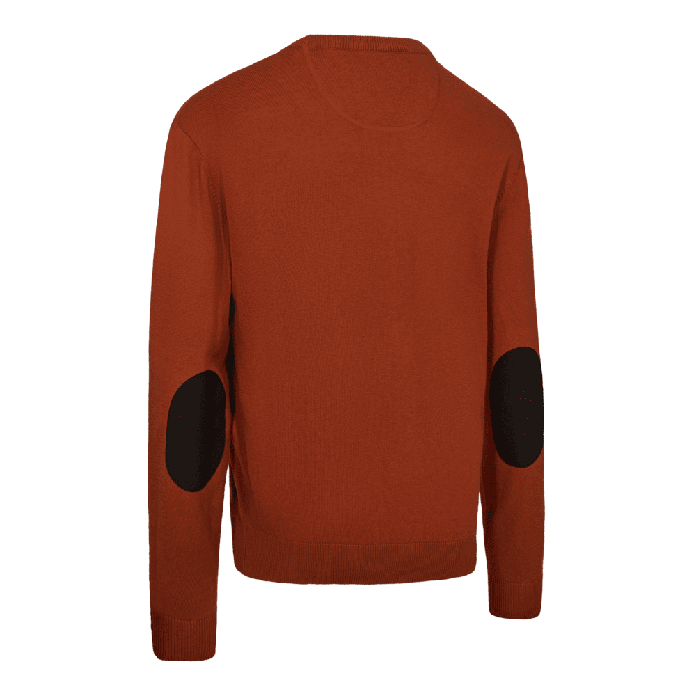 Deerhunter Harrington Strickpullover Rückansicht mit kontrastfarbenen Ellbogenverstärkungen, warmer Jagd- und Outdoor-Pullover für kühle Tage