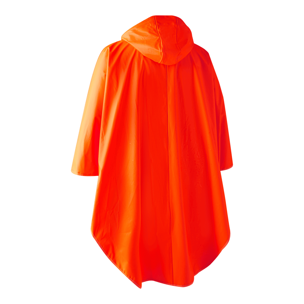 Rückansicht des Deerhunter Hurricane Regenponchos in Signalorange mit Kapuze und weitem Schnitt für maximale Sichtbarkeit und Schutz bei Regen